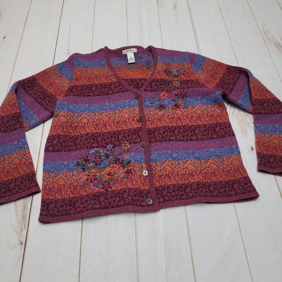 Orvis knit textured floral cardigan lambswool button front sweater striped - Picture 1 of 8